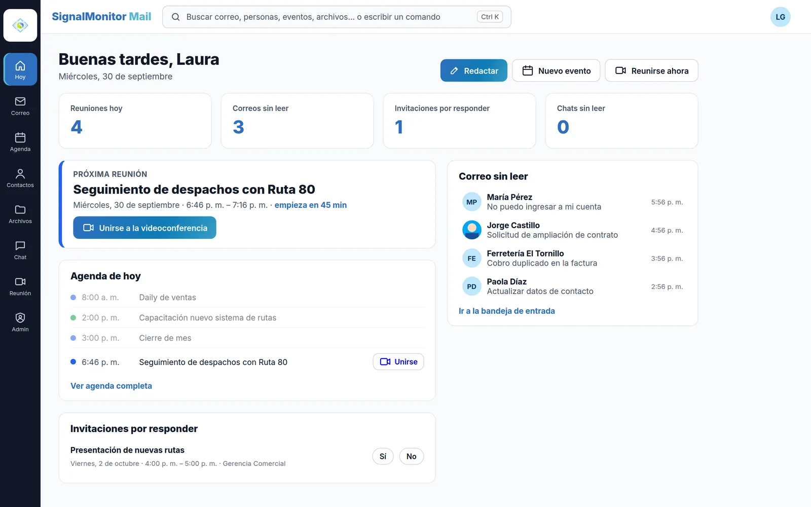 Pantalla de inicio de SignalMonitor Mail con reuniones, correos sin leer y agenda del día