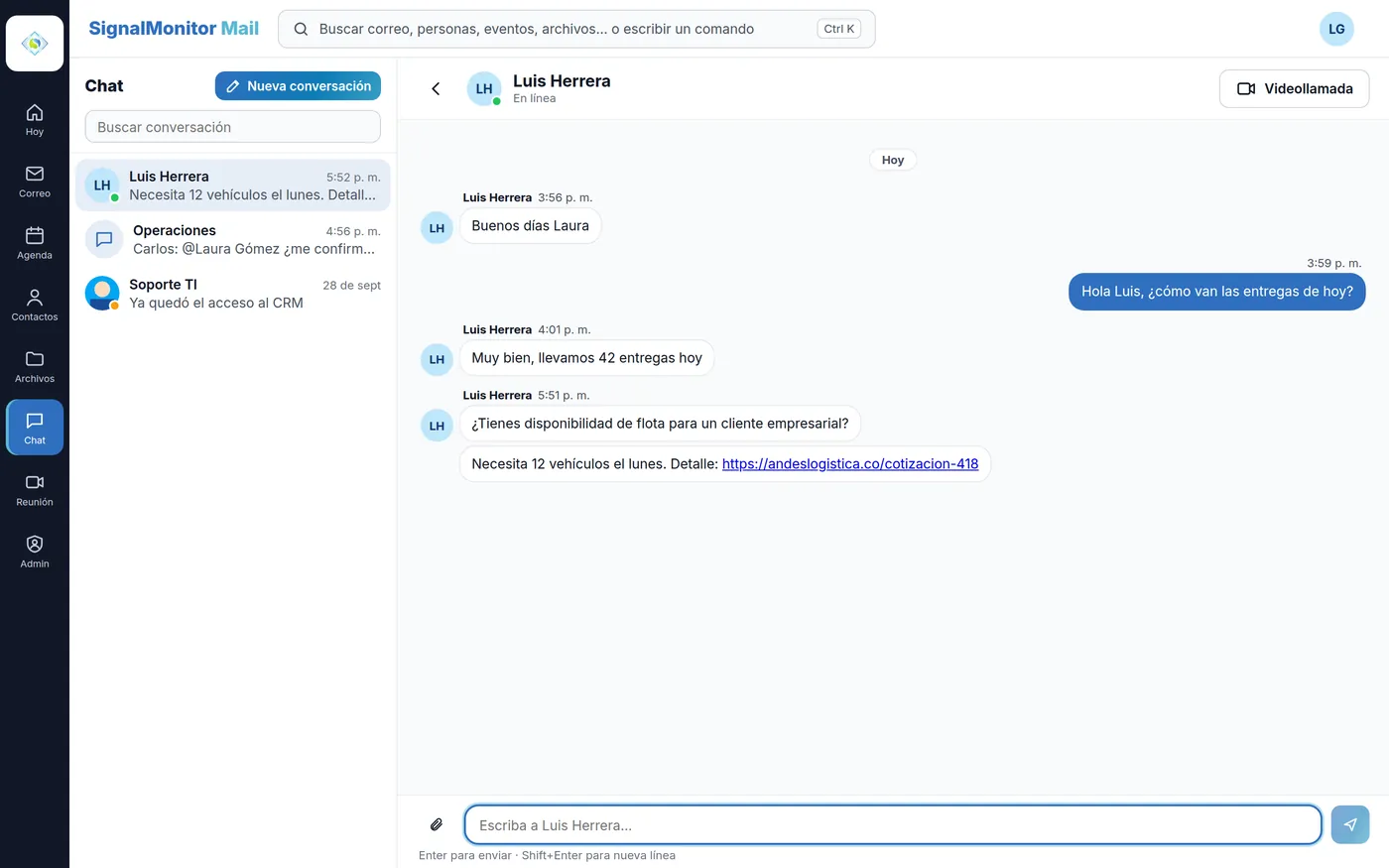 Chat con un compañero y lista de conversaciones del equipo